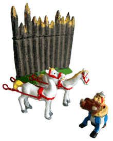Obelix beim Bankett, zwei weie Pferde und eine Palisade